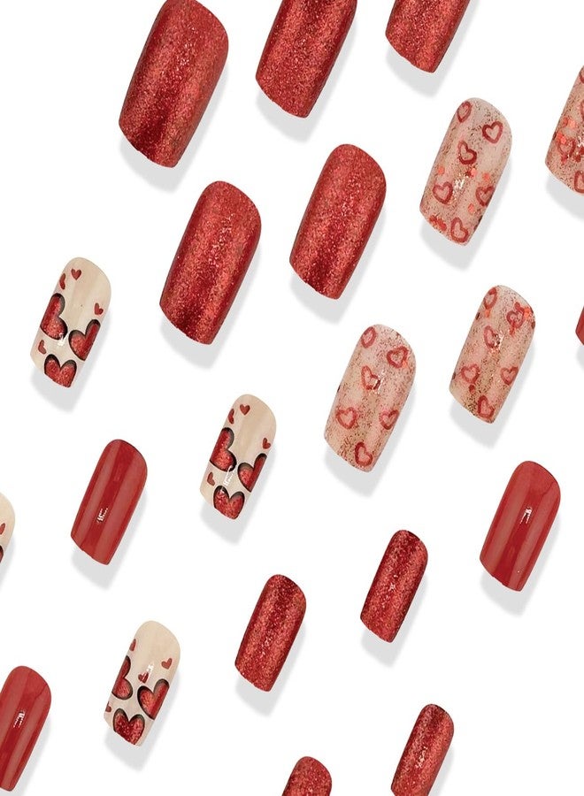 YKZFUI 24Pcs Valentine's Day Nails Press on Nails Short French Tip Press on Nails with Red Heart Sparkly Design Square False Nails Valentine's Fake Nails Glitter Glue on Nails Heart Love Manicure for Women - Image 2